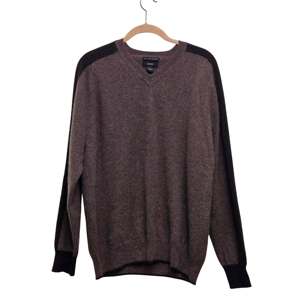 Alfani Sweater Mens L Brown 100% Cashmere V-Neck Colorblock Luxury Knit Pullover